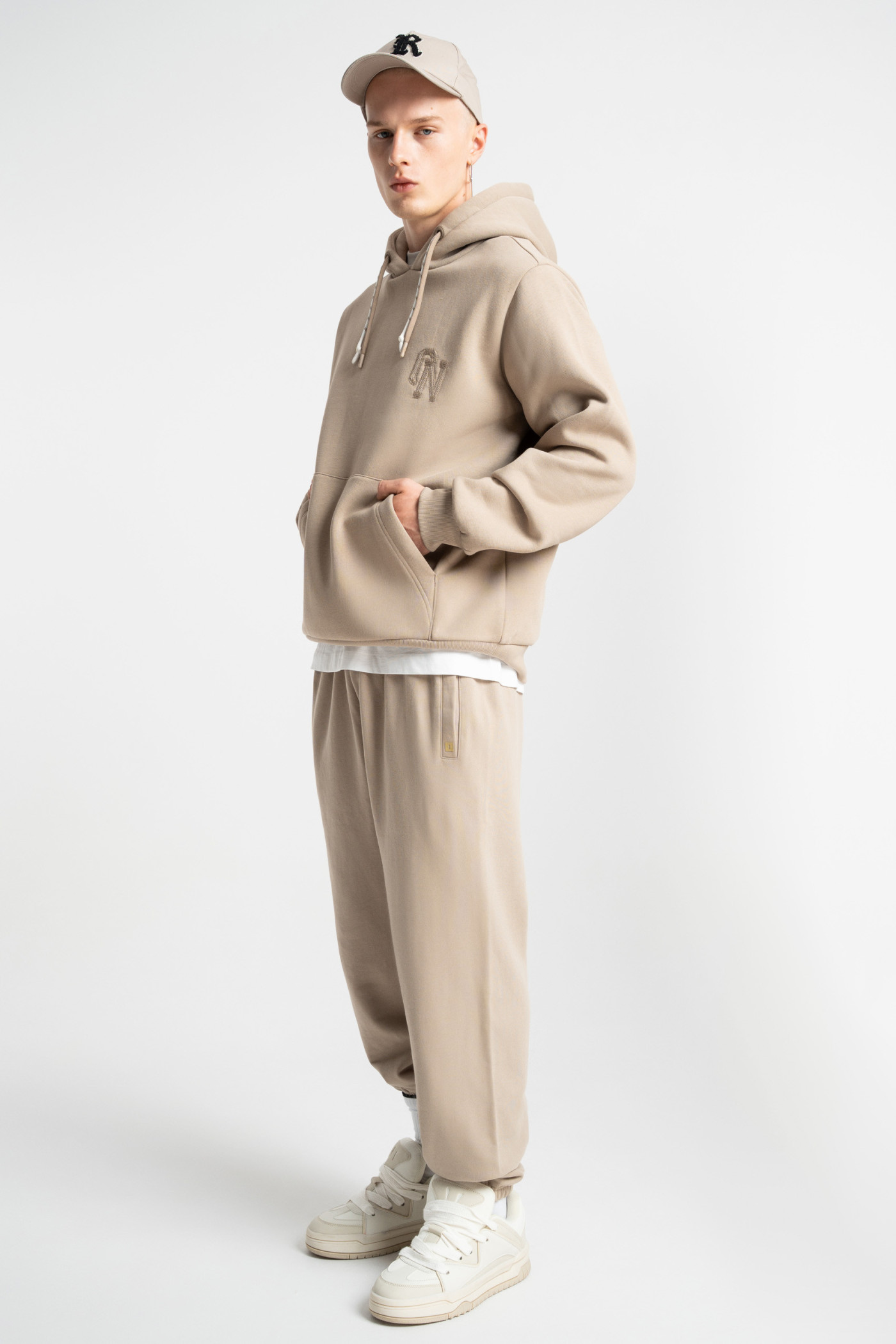 Embroidered logo hoodie beige