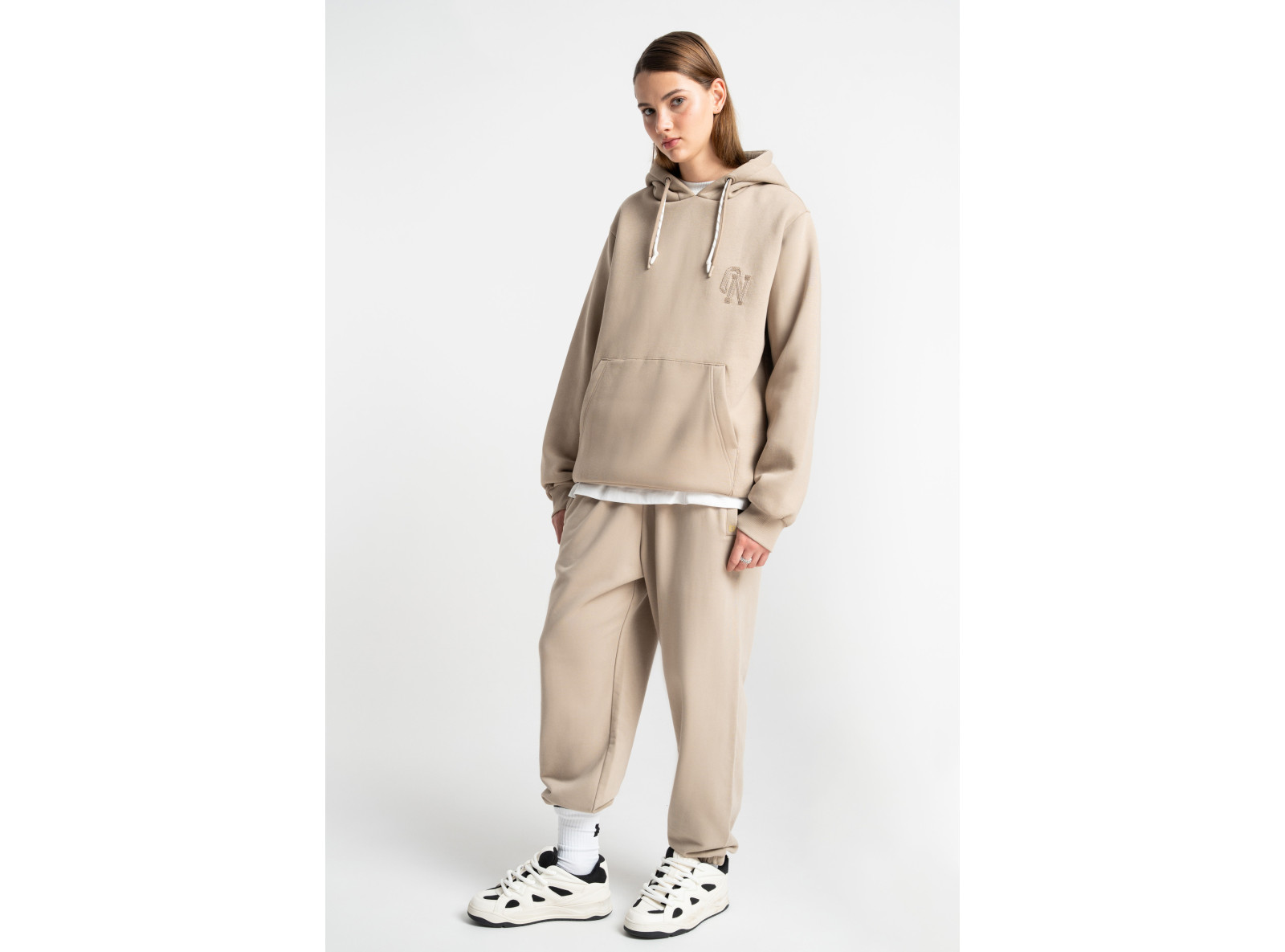 Embroidered logo hoodie beige