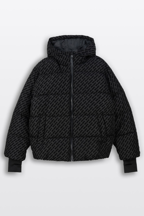 FLOCK PRINT LOGO PUFFER JACKET BLACK